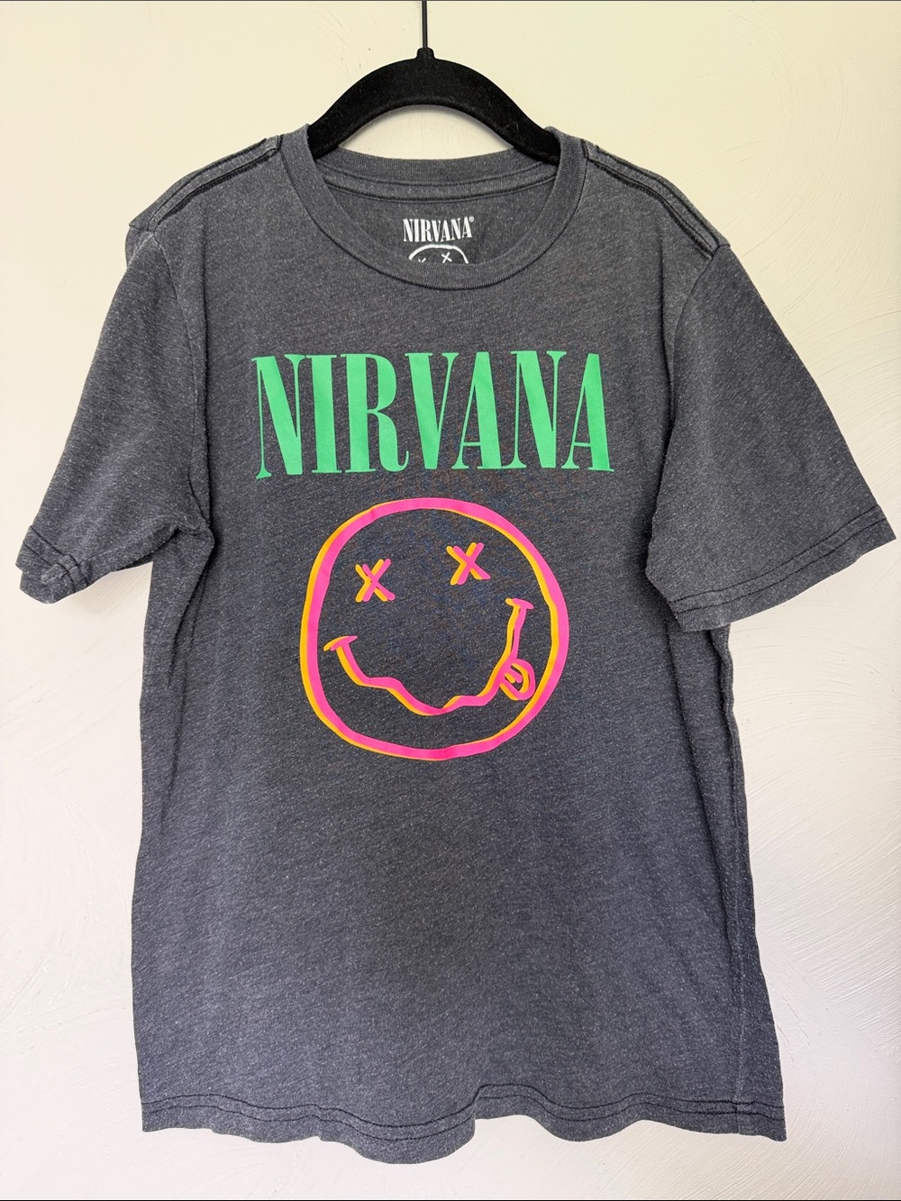 NIRVANA Charcoal Tee with Green Logo and Neon Pink/Yellow Smiley